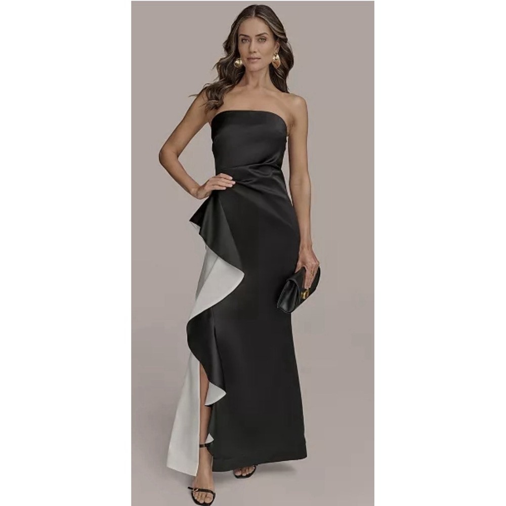 Donna Karan New‎ York Strapless Contrast Ruffle Trim Slit Gown Size 4 Black $299